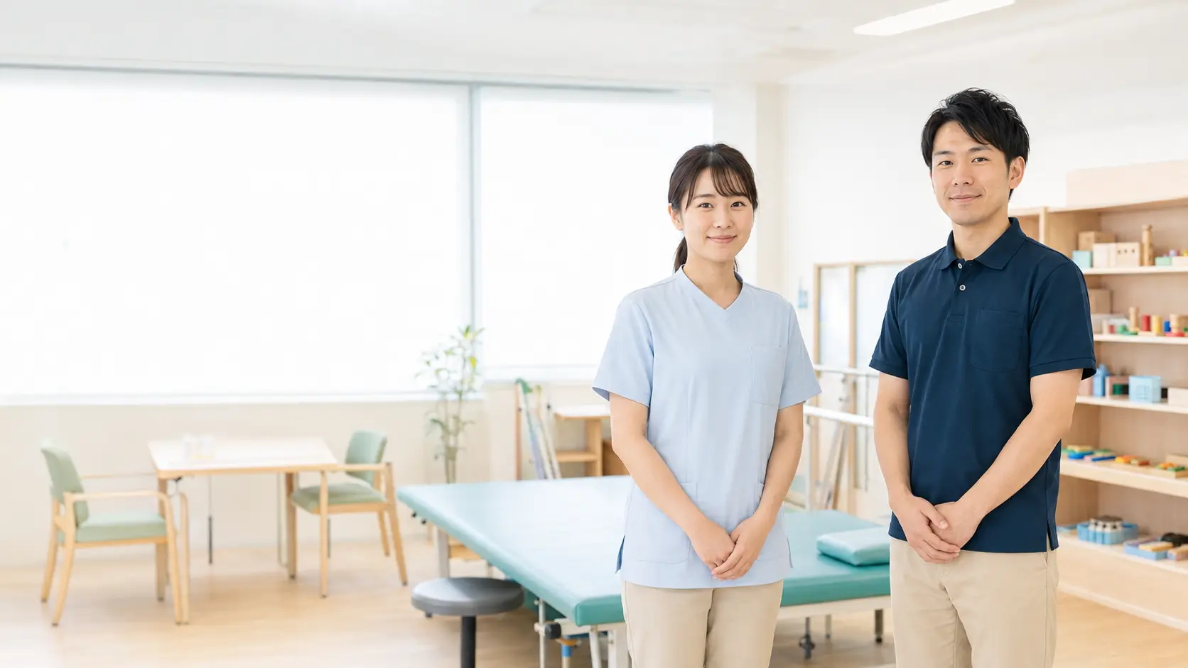 明るいリハビリテーション室に立つ作業療法士と言語聴覚士