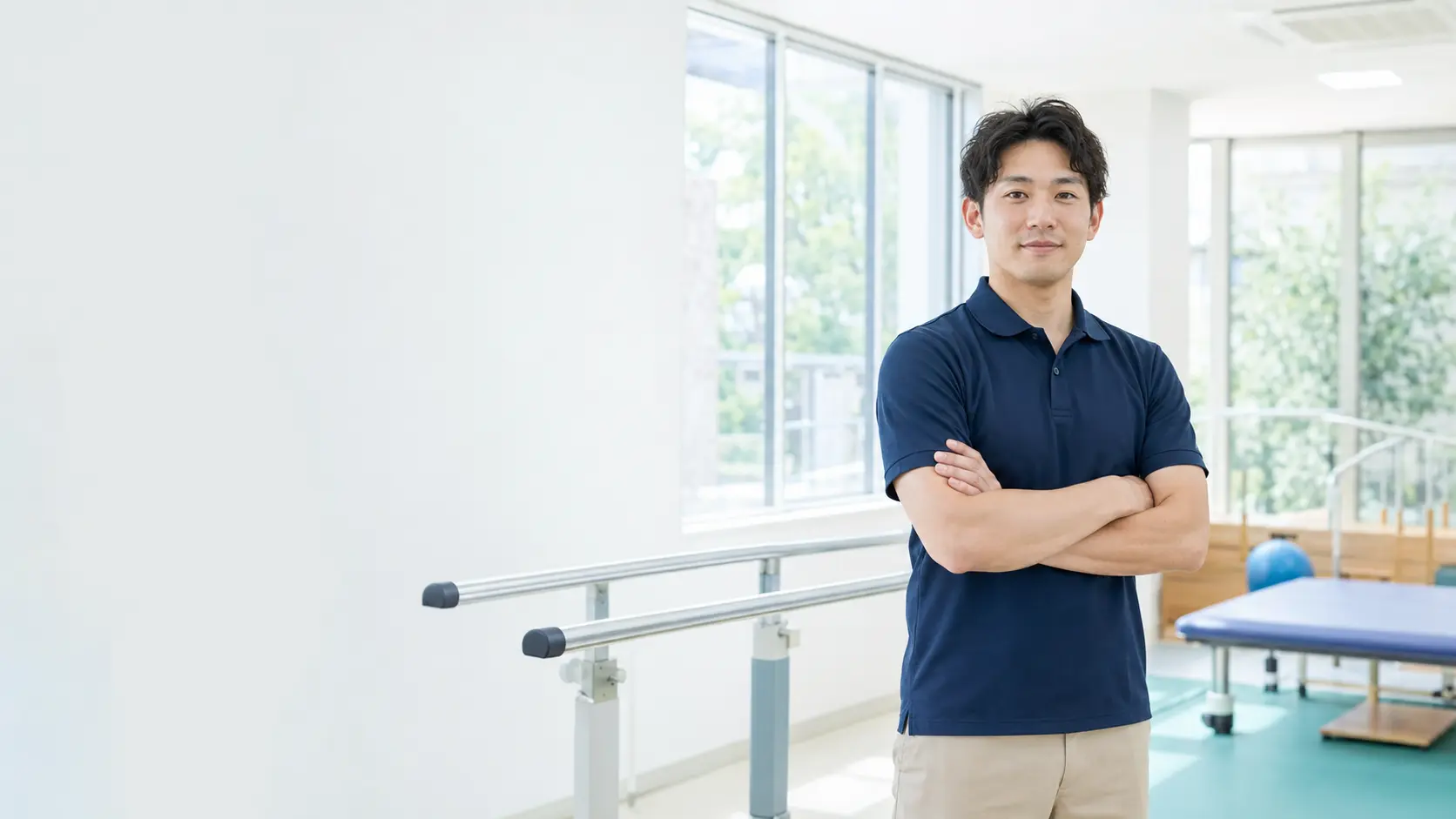 明るいリハビリテーション室に立つ理学療法士